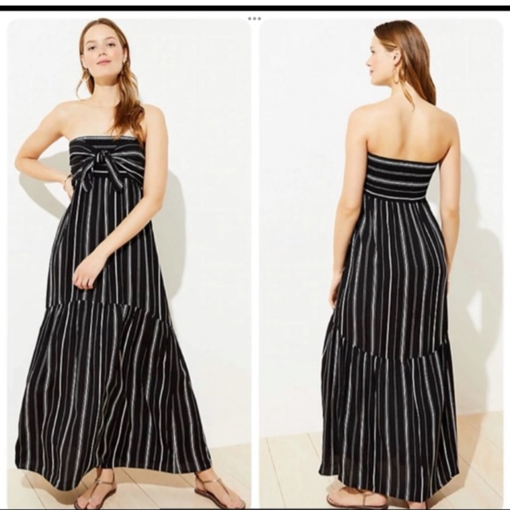 LOFT Beach Black Striped Tie Front Strapless Maxi Dress Size M